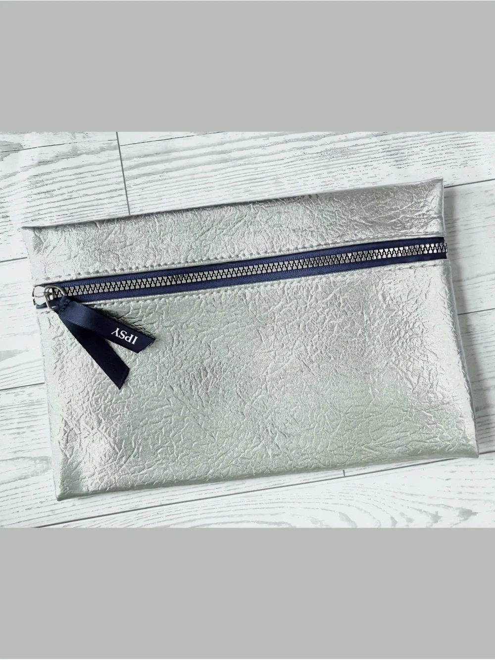 Ipsy Makeup Bag Metallic Silver with Dark Blue Trim and Zipper Closure NWOT